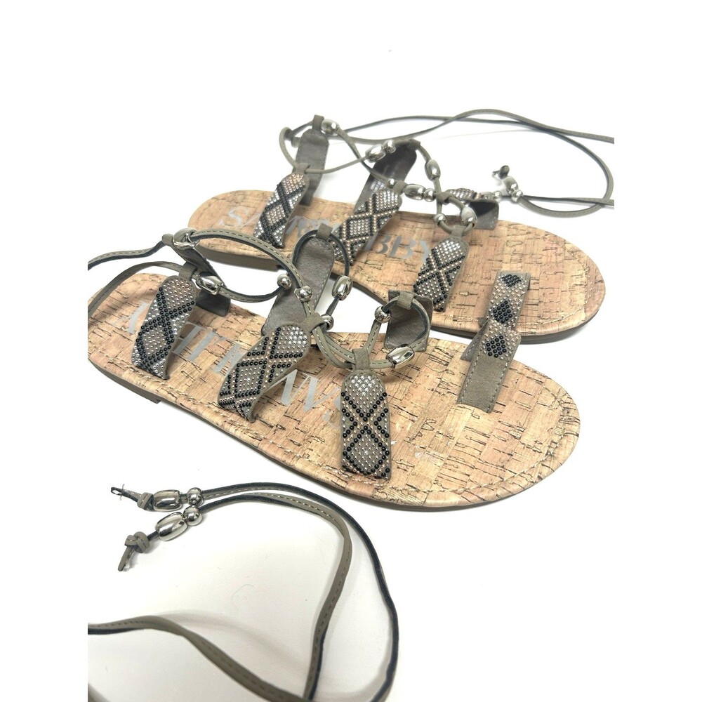 Sam & Libby Sandals Metallic Beaded Lace Up Gladiator Flats 8 Boho Western Festi